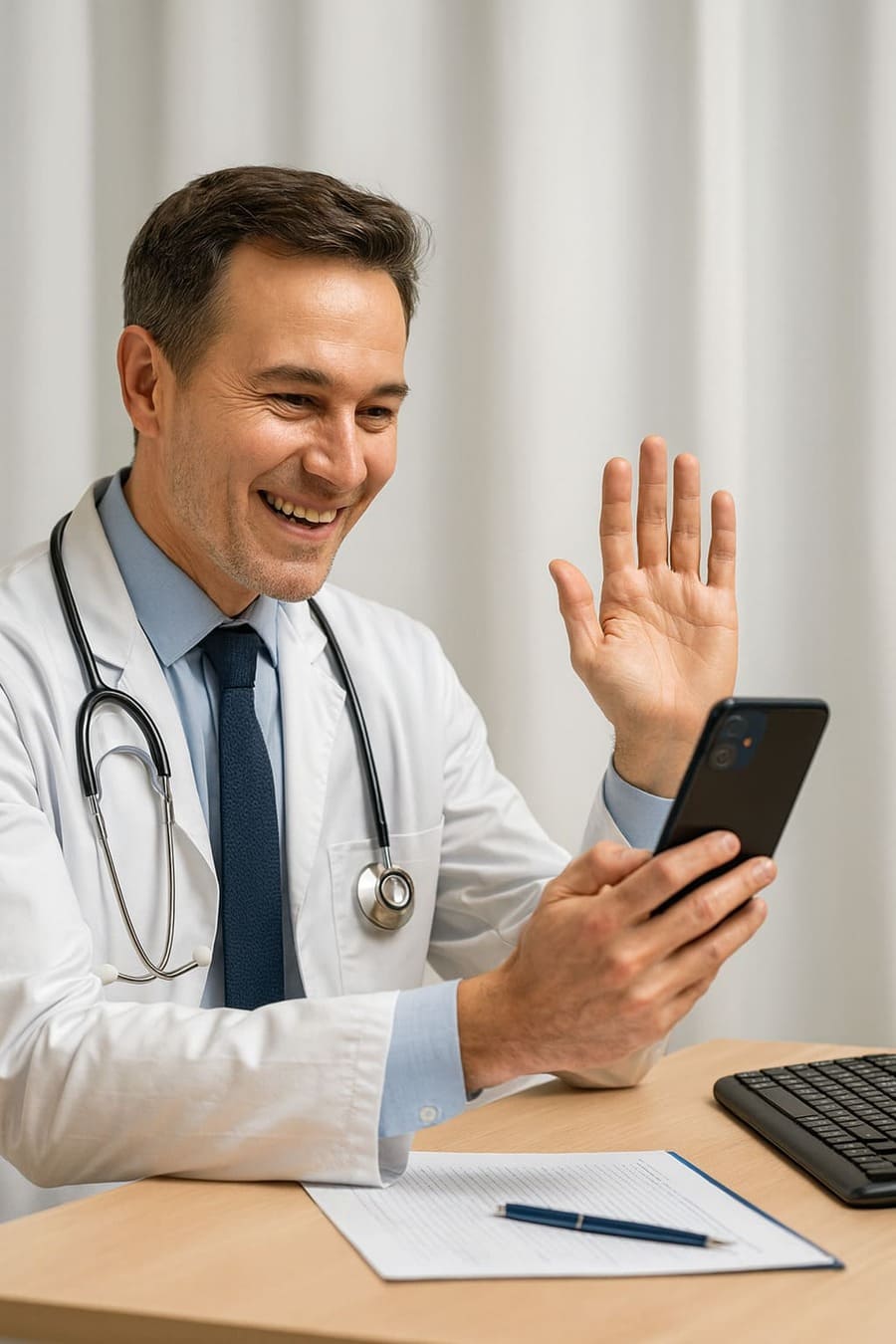 Médico sorrindo em teleconsulta, atendendo paciente pelo celular