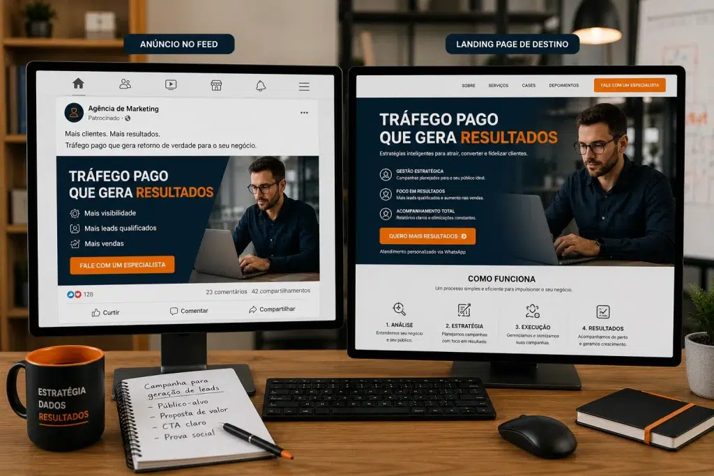 Anúncio de tráfego pago conectado a uma landing page otimizada