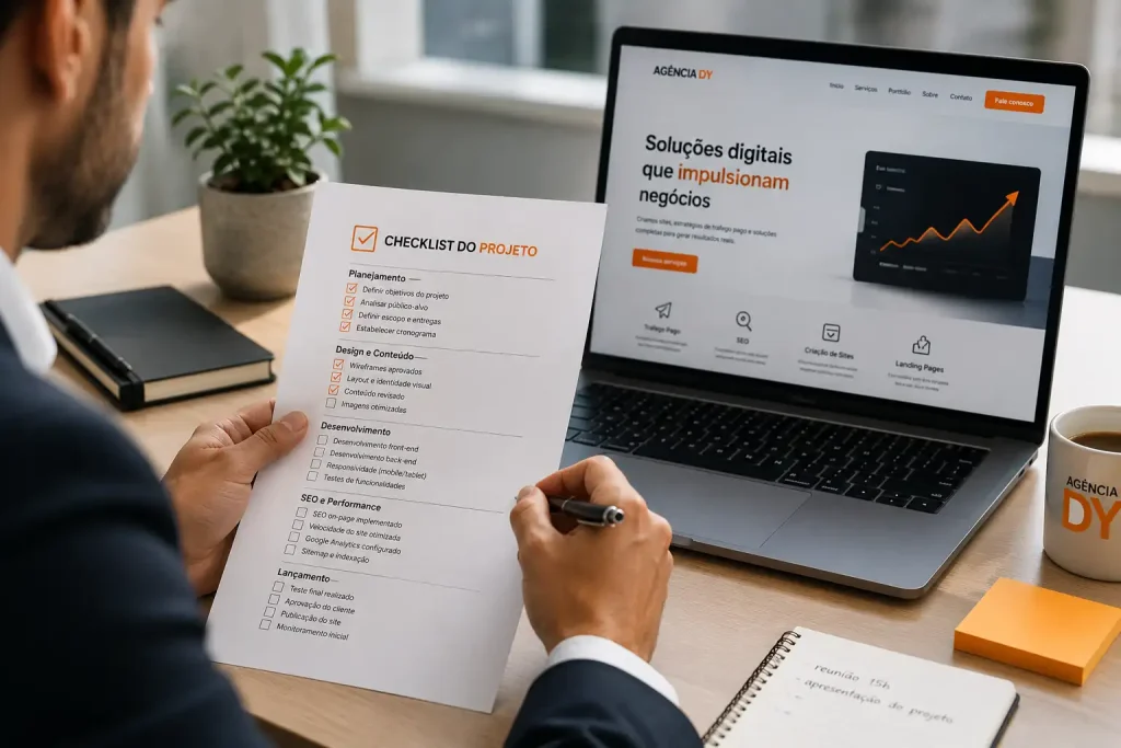 Pessoa revisando checklist antes de contratar a criação de um site profissional - Checklist para contratar a criação de um site profissional sem surpresas no orçamento