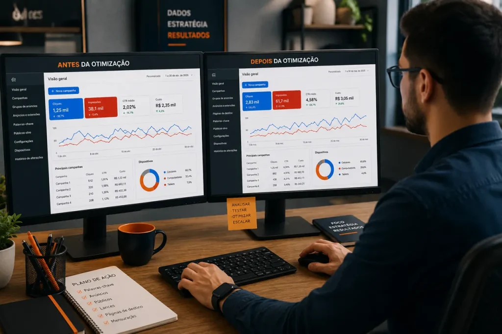 Especialista corrigindo a configuração de uma campanha de Google Ads para reduzir custo