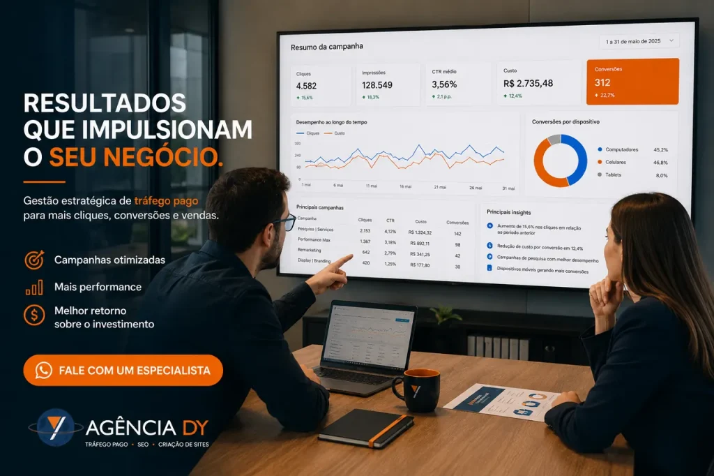 Reunião de planejamento para iniciar uma campanha de Google Ads com a Agência DY