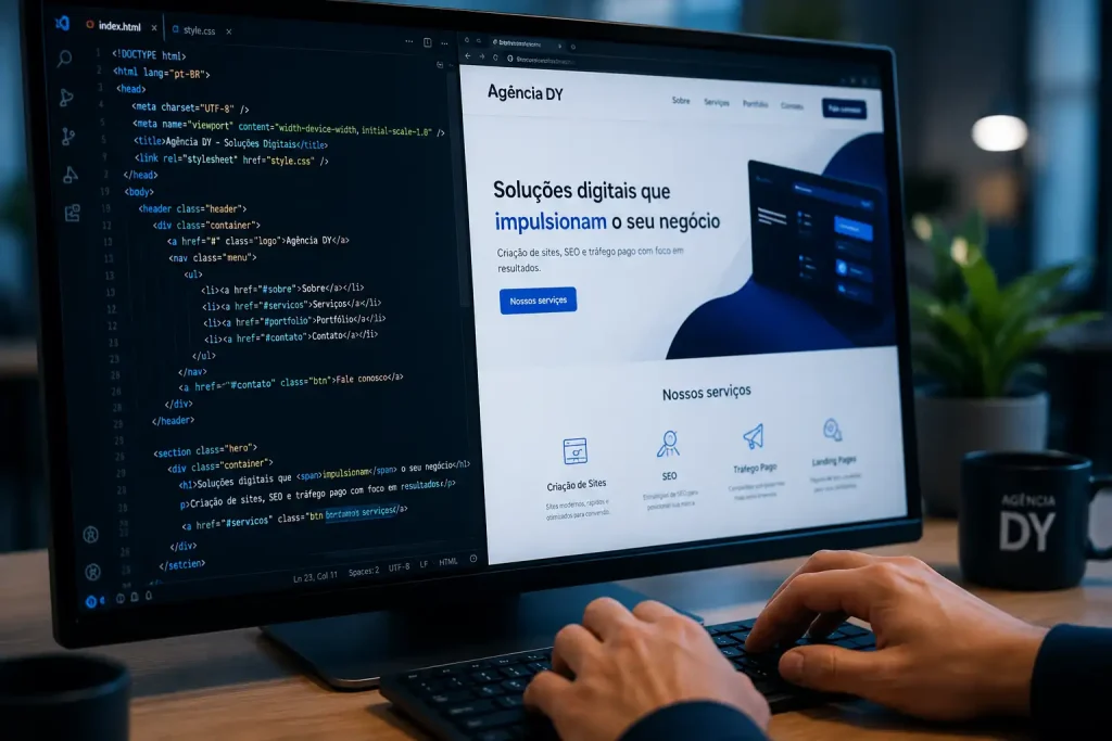 Desenvolvedor trabalhando no design e código de um site profissional