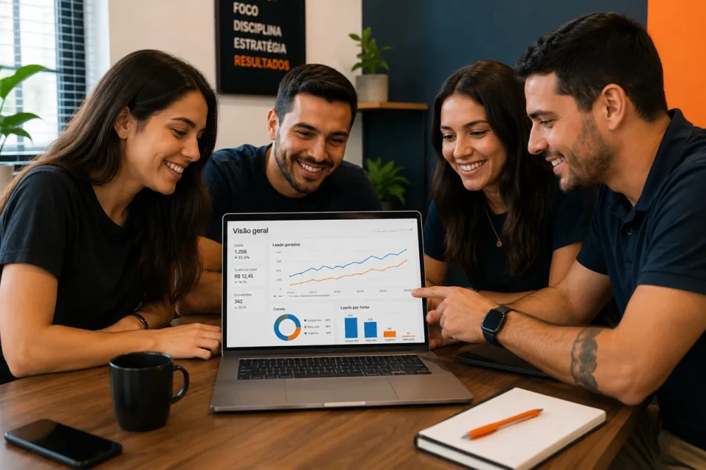 Sinais de que sua empresa precisa investir em tráfego pago com equipe analisando crescimento de leads