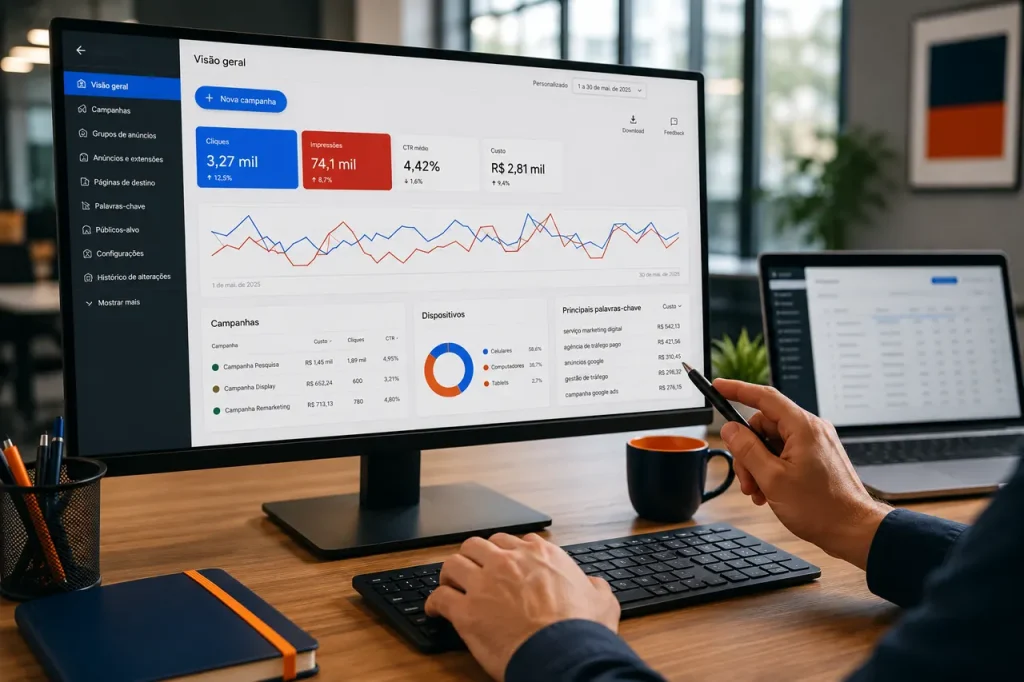Painel de métricas usado para calcular quanto custa uma campanha de Google Ads por mês