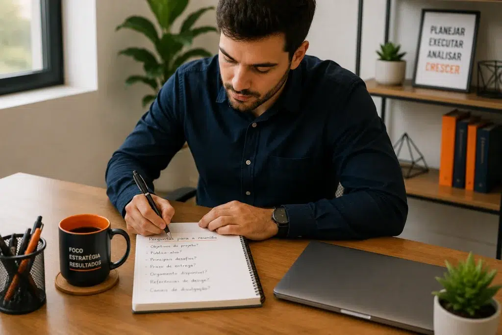 Pessoa se preparando para entrevistar uma agência de tráfego pago