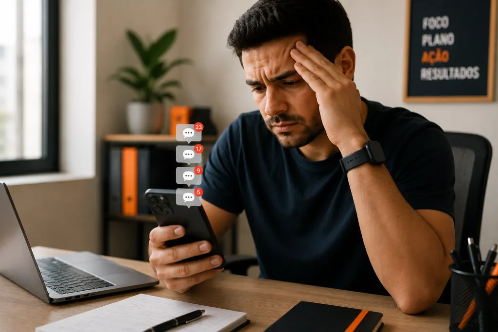 Empresário preocupado com mensagens no celular, um dos sinais de que sua empresa precisa de um site profissional