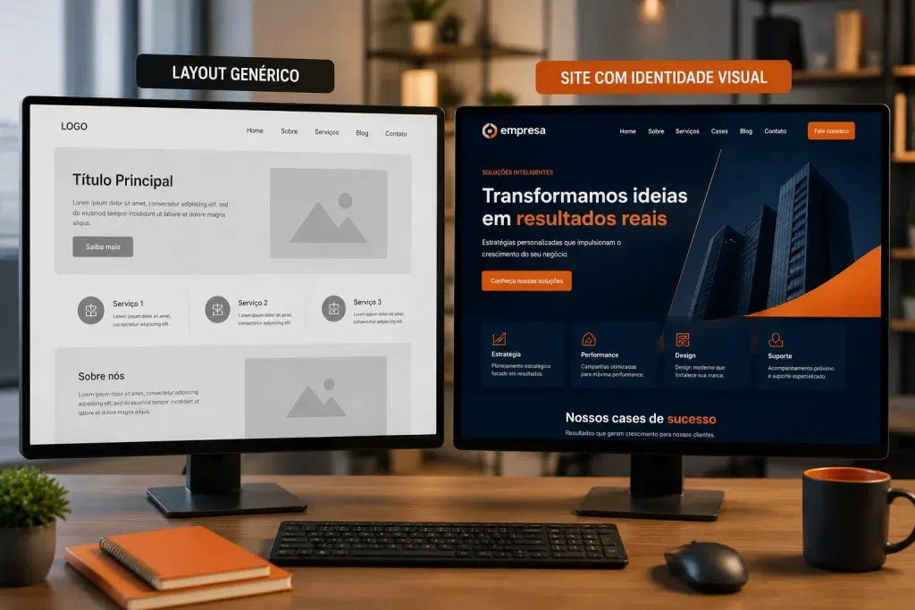 Comparação entre template genérico e design exclusivo de site