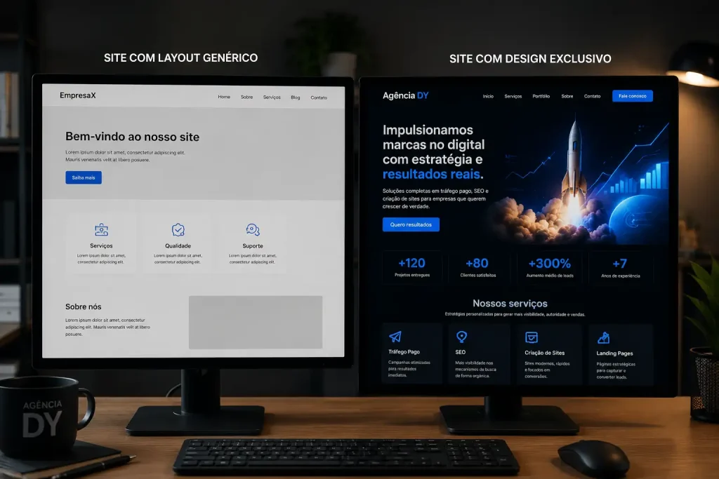 Comparação visual entre um site com template genérico e um site com design exclusivo