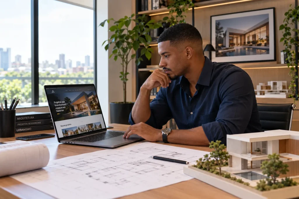 Arquiteto organizando marketing para arquitetos em seu escritório
