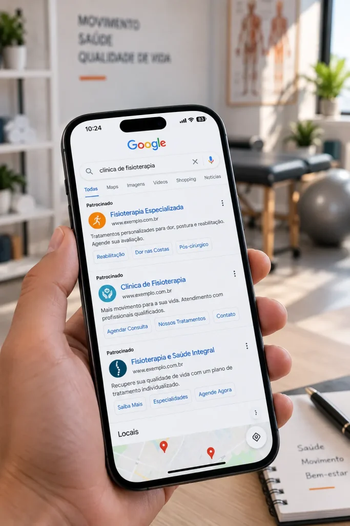 Busca no Google ilustrando Google Ads ou Instagram para fisioterapeutas