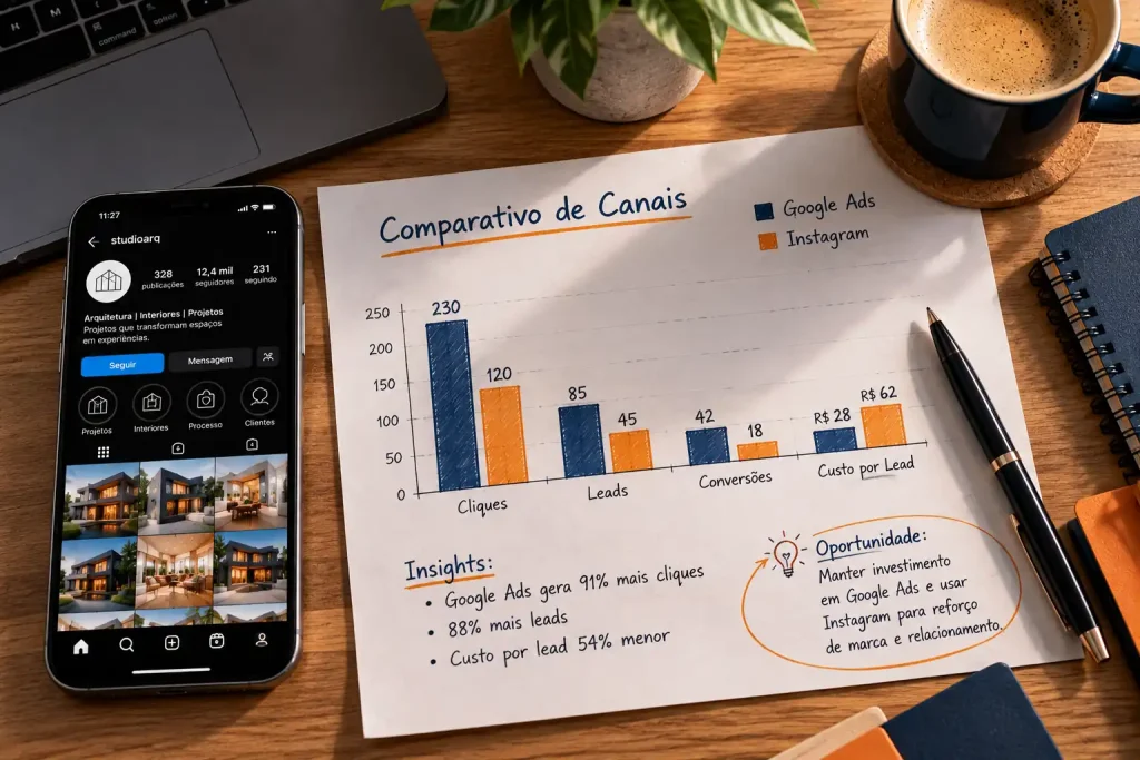 Planejamento para decidir Google Ads ou Instagram Ads para arquitetos