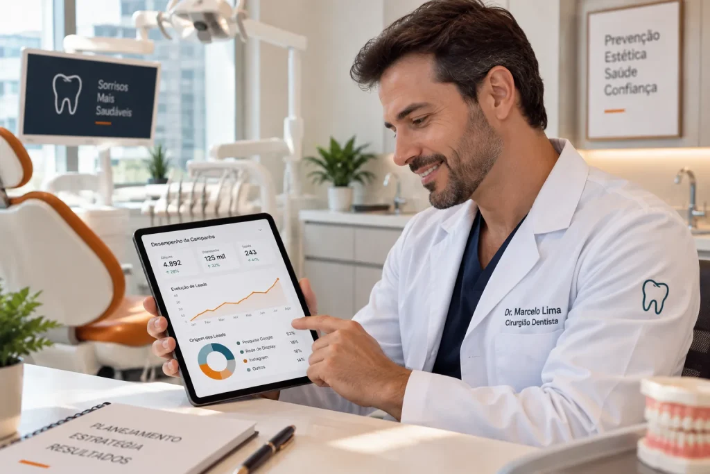 Dentista avaliando proposta de Google Ads ou Instagram Ads