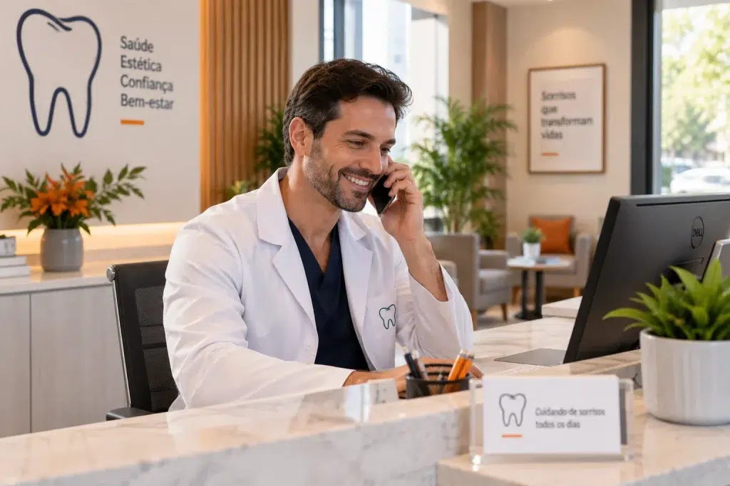 Dentista recebendo contato de novo de como conseguir mais pacientes para dentistas após estratégia de marketing digital