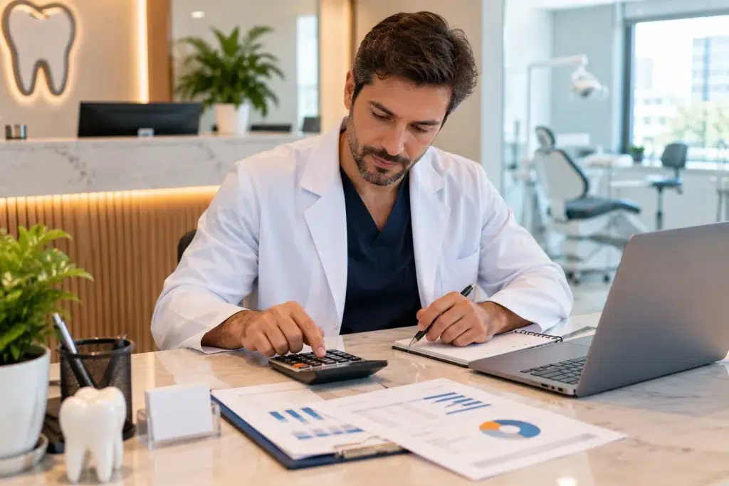 Dentista calculando quanto custa investir em marketing para dentistas