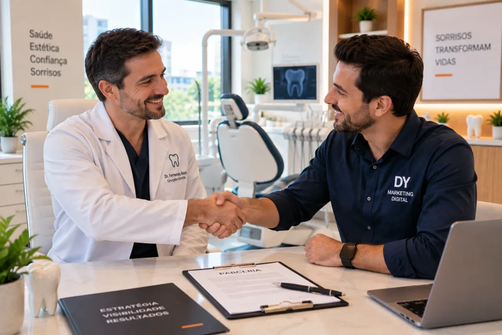 Texto ALT Dentista fechando parceria com agência de marketing para dentistas
