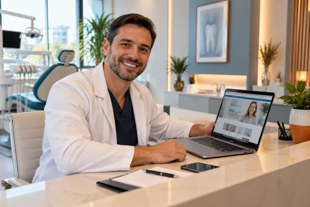 Dentista organizando o marketing para dentistas no computador do próprio consultório