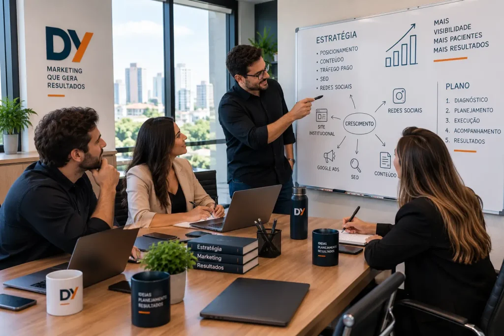 Equipe de agência de marketing para médicos planejando estratégia