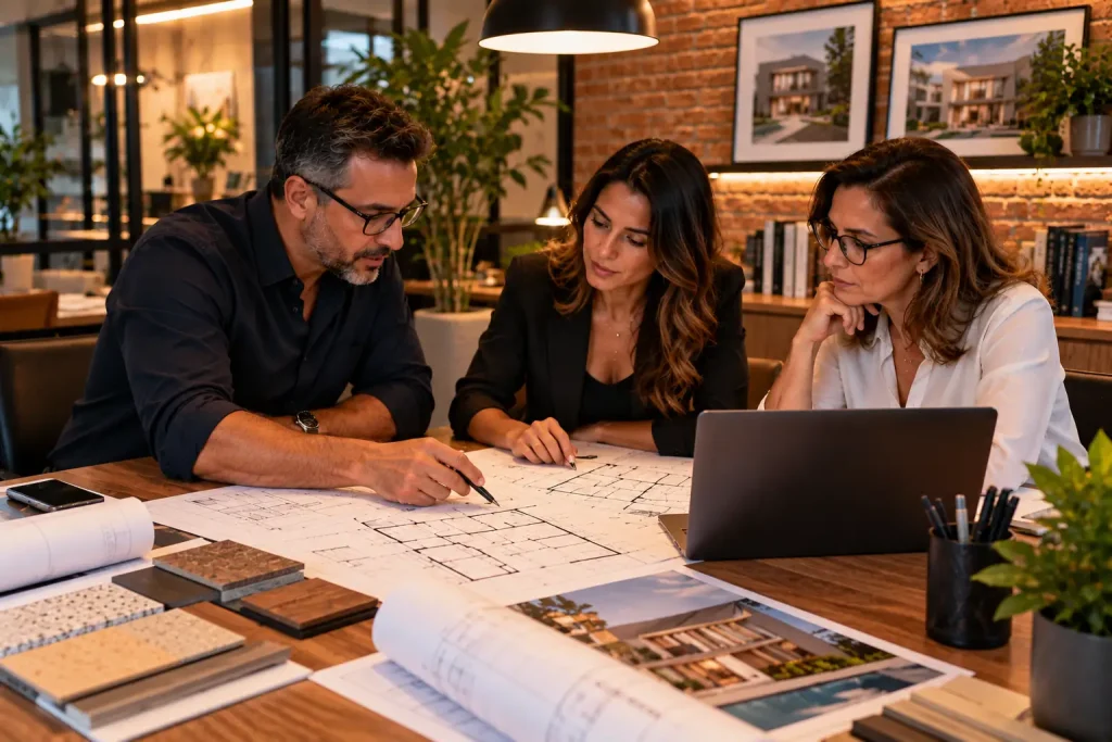 Equipe de arquitetos definindo estratégia de marketing para arquitetos