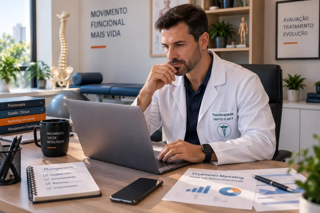 Fisioterapeuta calculando quanto custa investir em marketing para fisioterapeutas