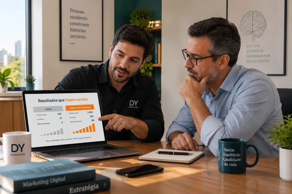 Comparação de resultados entre Google Ads ou Instagram para psicólogos em reunião de estratégia