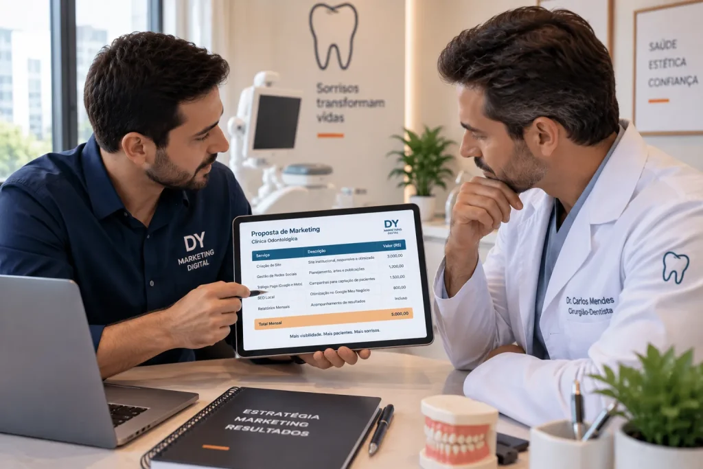 Orçamento de marketing para dentistas sendo apresentado