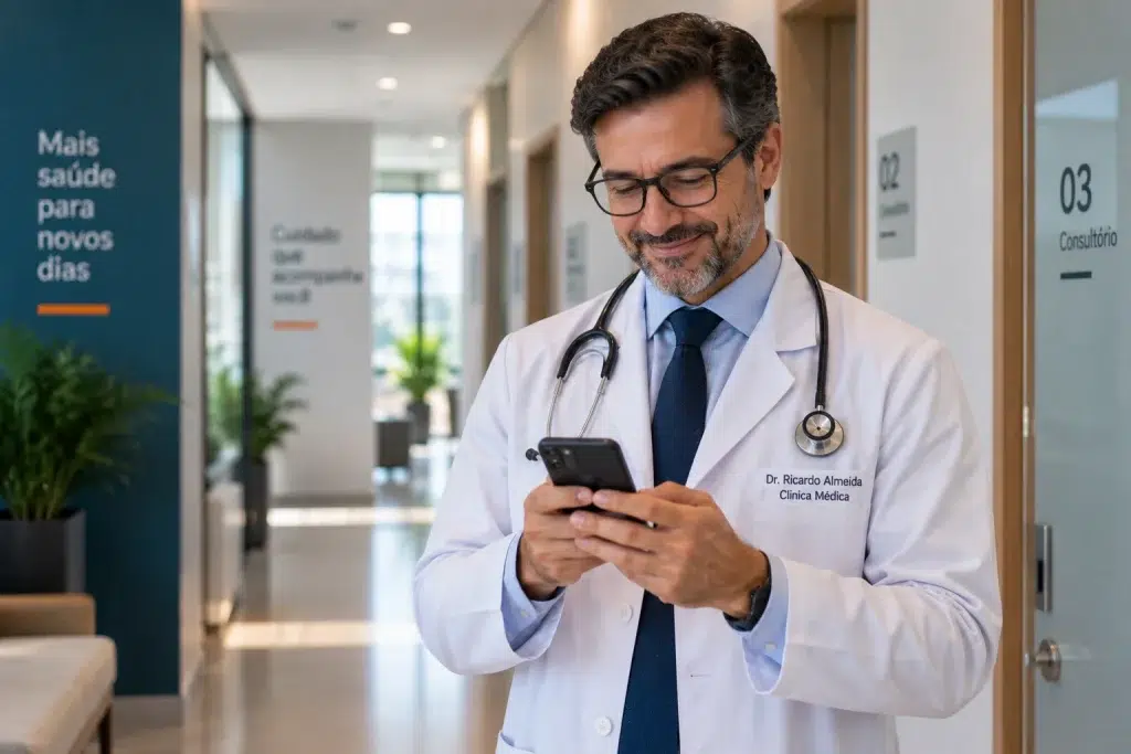 Médico acompanhando o crescimento de pacientes para médicos pelo celular