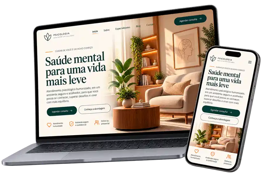 Criação de sites para psicólogos - site de consultório de psicologia em notebook e celular