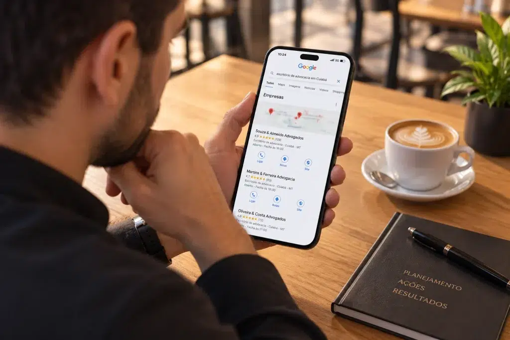 pessoa pesquisando como conseguir mais clientes para advogados por meio da busca online