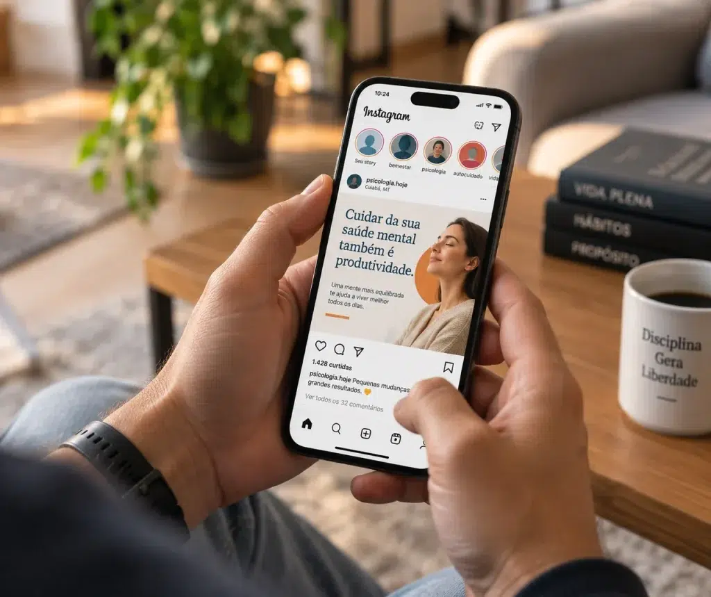 Pessoa descobrindo conteúdo educativo no Instagram, parte da comparação Google Ads ou Instagram para psicólogos