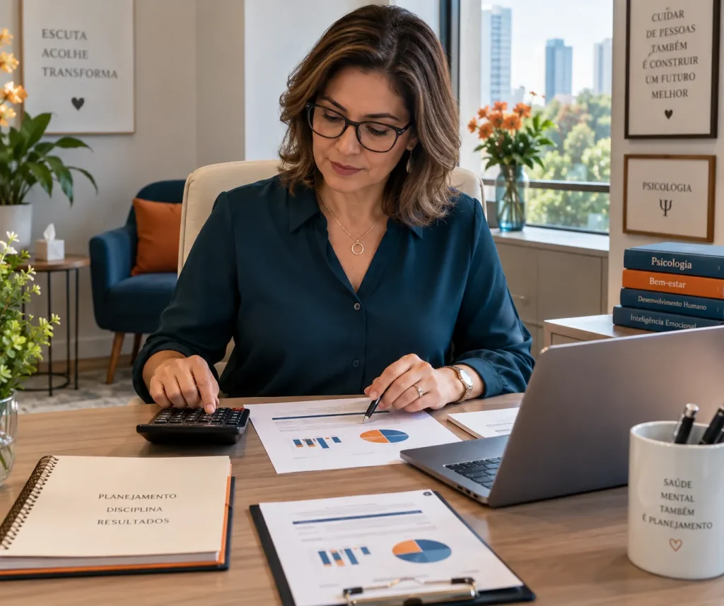 Psicóloga calculando quanto custa investir em marketing para psicólogos