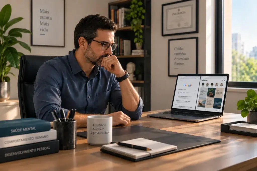 Psicólogo avaliando Google Ads ou Instagram para psicólogos antes de investir em anúncio