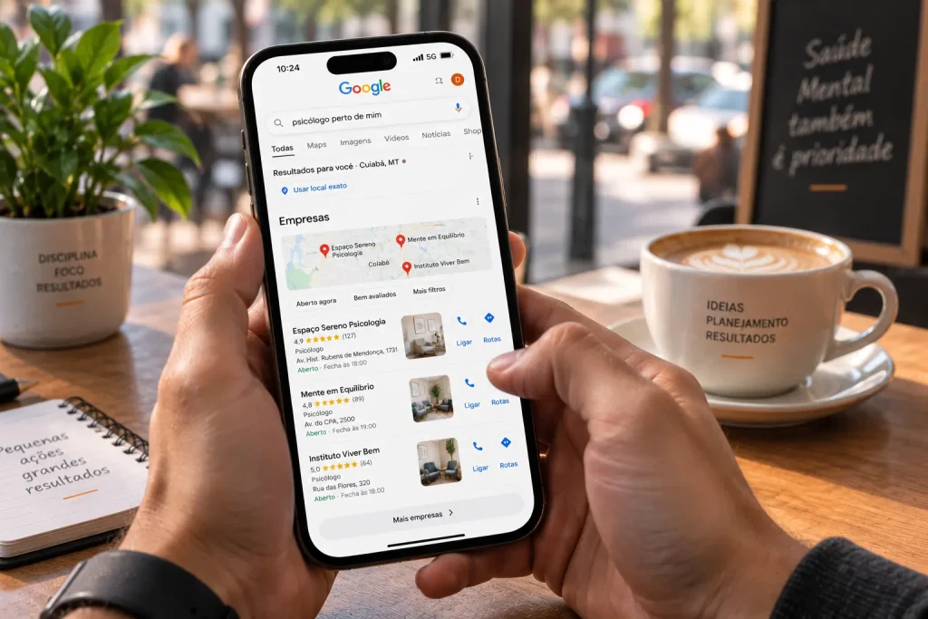 Busca local por psicólogo no celular, refletindo o interesse de quem pesquisa como conseguir mais pacientes para psicólogos