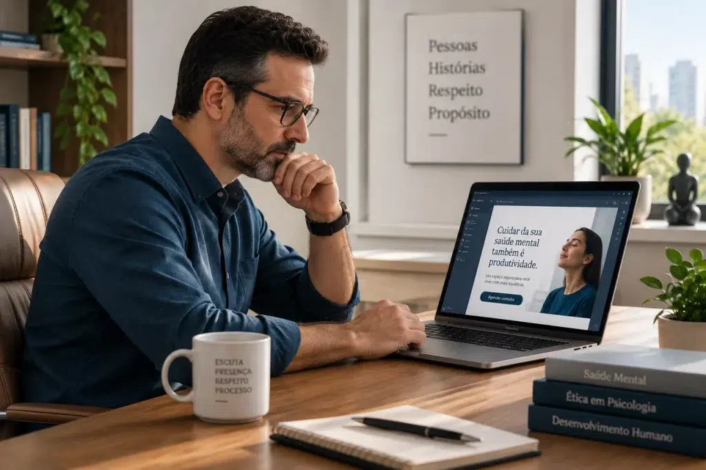 Psicólogo revisando anúncio dentro das normas do CFP ao decidir entre Google Ads ou Instagram para psicólogos