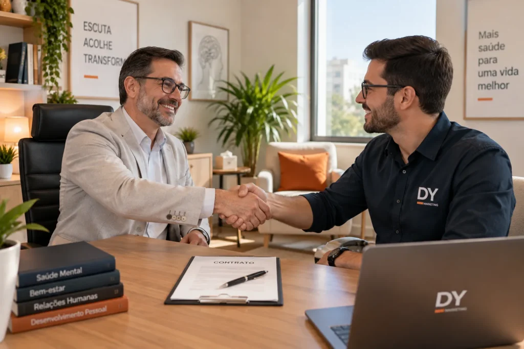 Psicólogo fechando parceria com agência de marketing para psicólogos
