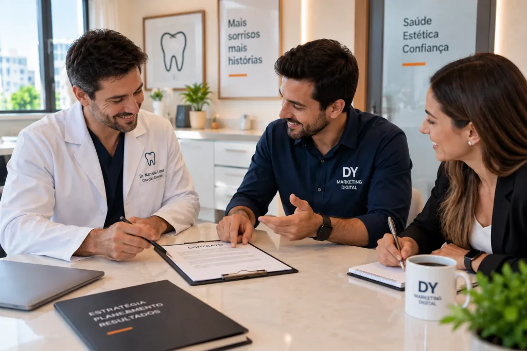 Texto ALT Dentista conversando com agência de marketing para dentistas sobre contrato transparente