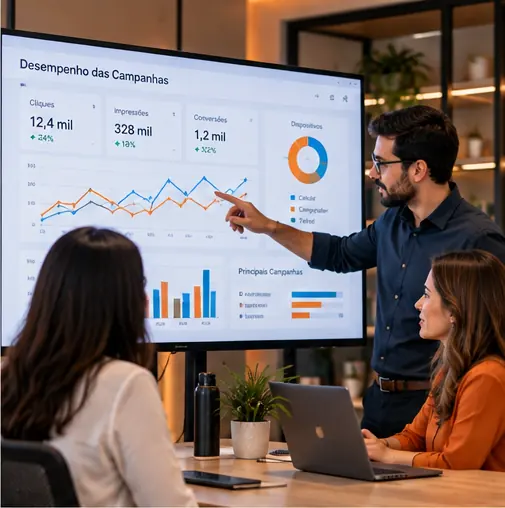 Equipe de agência de marketing para psiquiatras analisando resultado