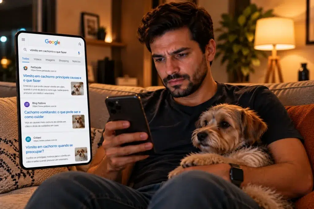 tutor pesquisando ao decidir Google Ads ou Instagram para veterinários