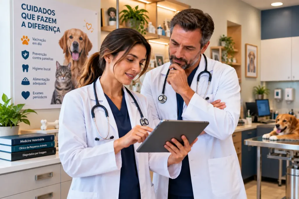 equipe revisando conteúdo de marketing para veterinários